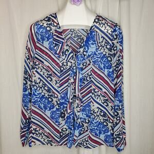 Laundry by Shelli Segal Sheer Geo & Floral Blouse w/ Ruffle Collar, 10